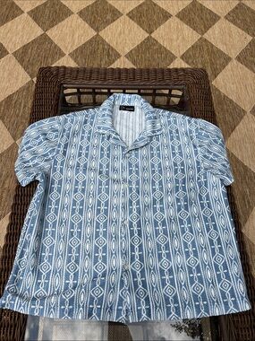Original Use Blue and White Geometric Short Sleeve Button-Down Shirt